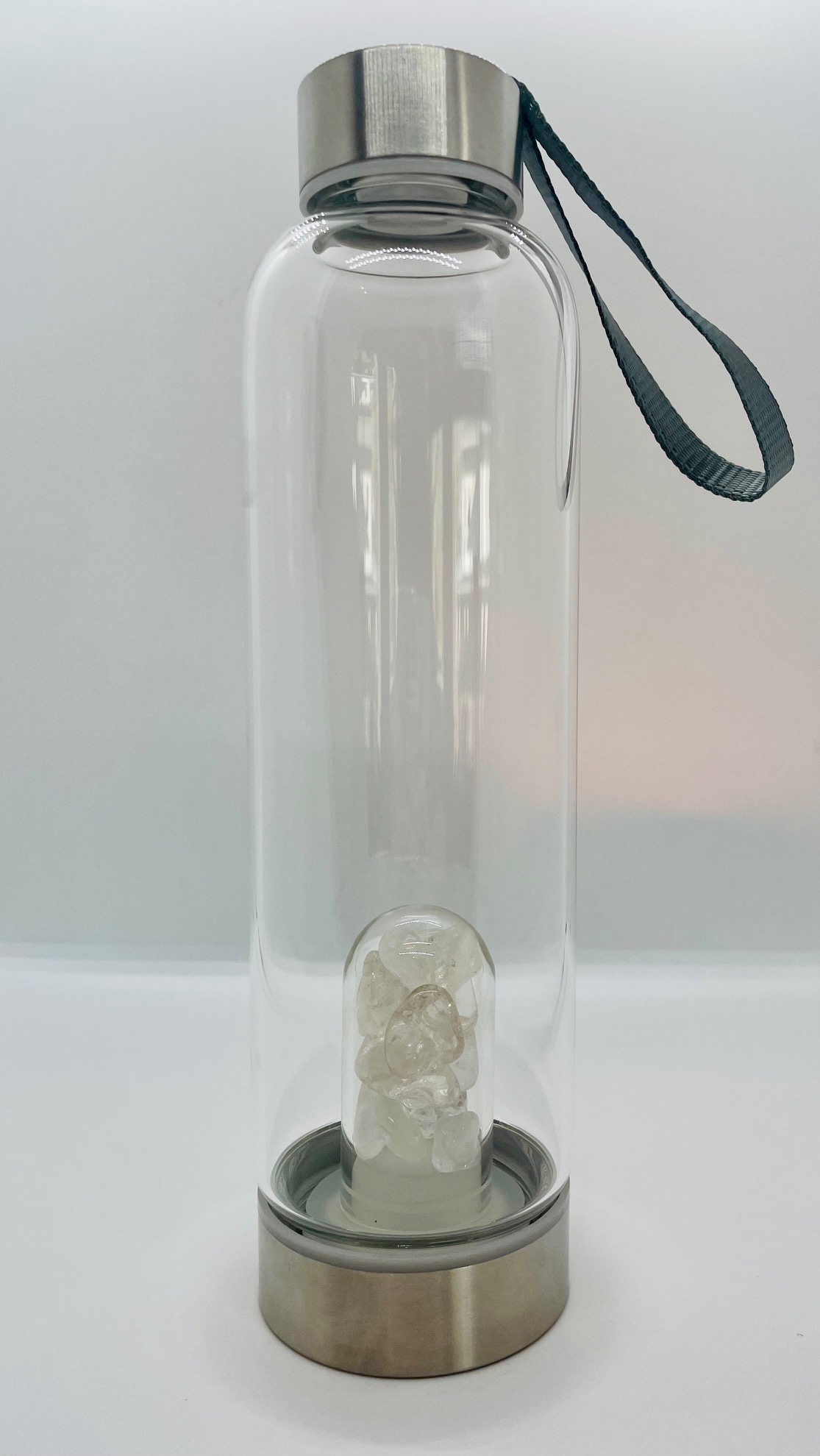 Clear Quartz Crystal Elixir Water Bottle with Carry Strap 16oz